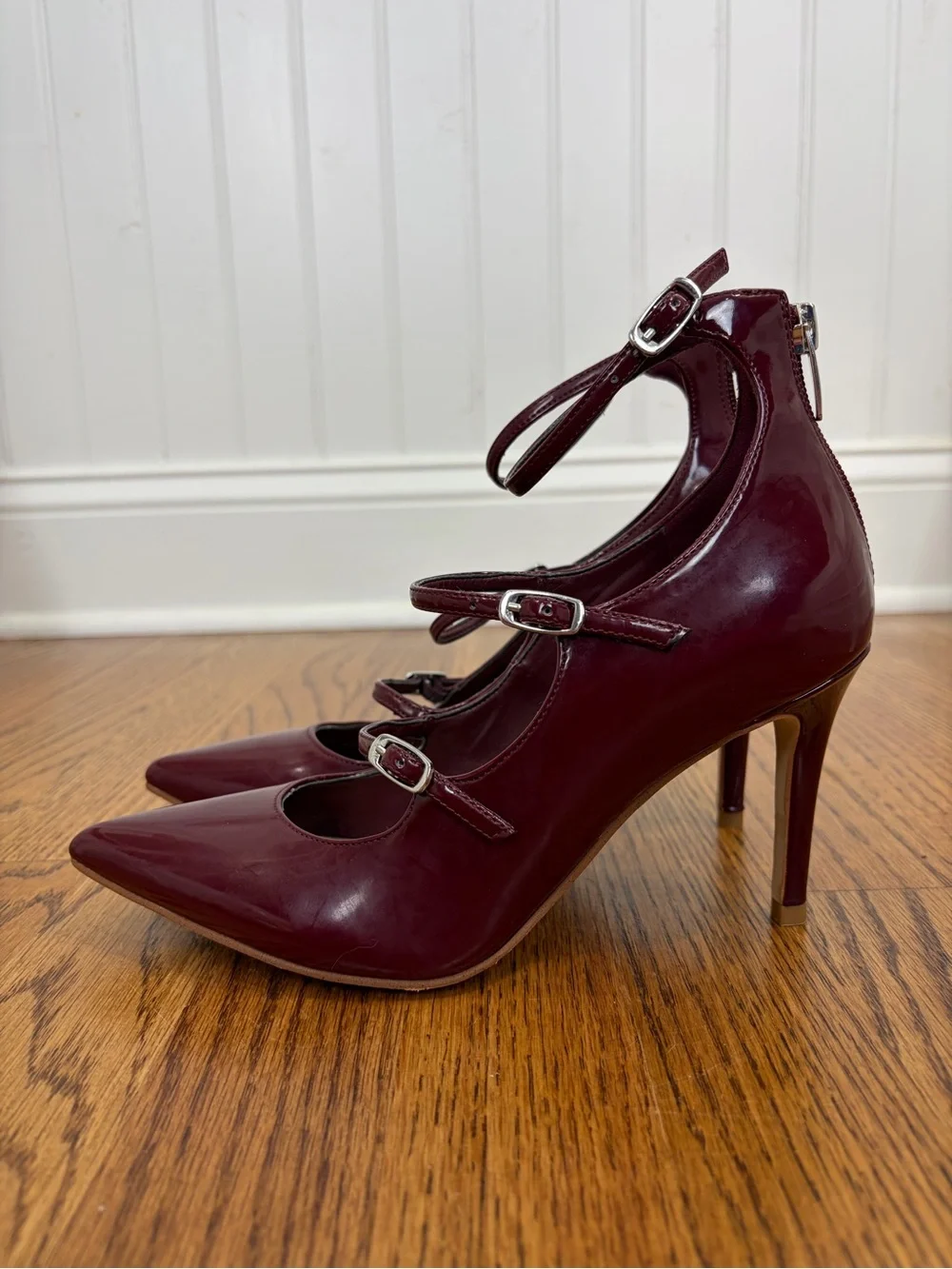 Marc Fisher Patent Triple-Strap Pointed-Toe Mary Jane Burgundy Heels (6.5)